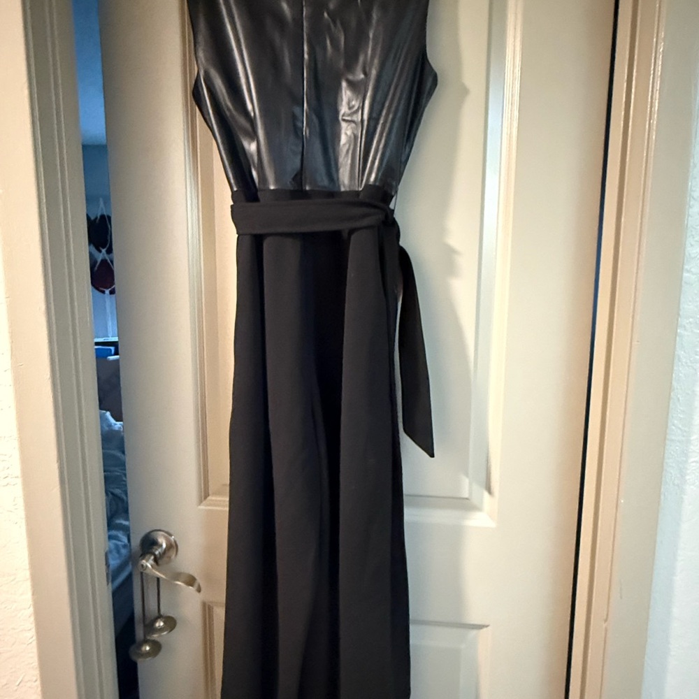 Structured Faux Leather & Crepe Jumpsuit – Modern Noir Elegance